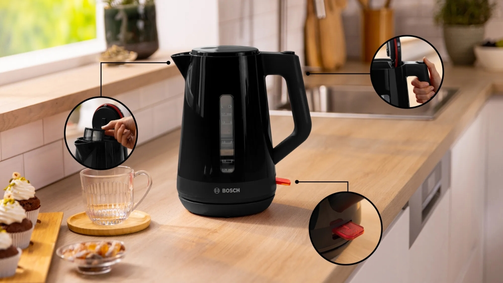 Електрическа кана, Bosch TWK1M123, MyMoment Plastic Kettle, 2400 W, 1.7 l, Cup indicator, Limescale filter, Triple safety function, Black - image 1