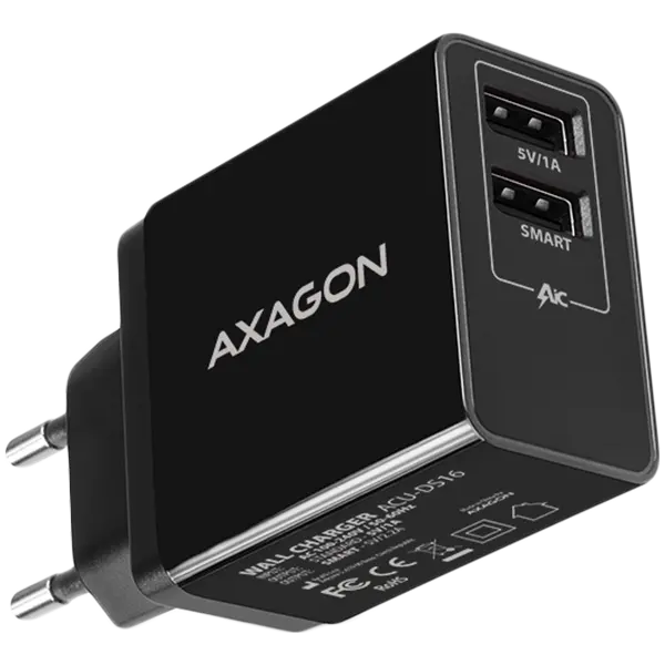 Axagon Dual wall charger <240V / 2x port 5V-2.2A + 5V-1A. 16W total power.