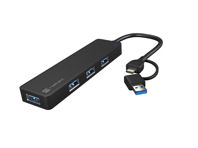 USB хъб, Natec Hub Mayfly USB-C 3.0 4 Port + USB-A Adapter Black