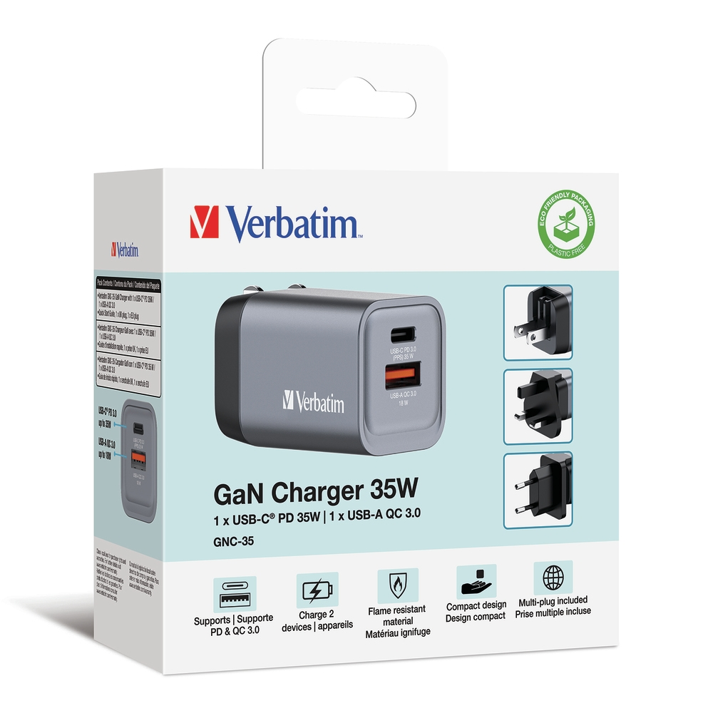 Зарядно устройство, Verbatim GNC-35 GaN Charger 2 Port 35W USB A/C (EU/UK/US) - image 5