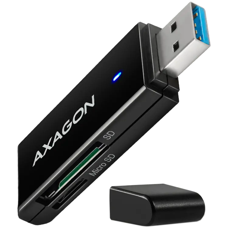 Axagon Slim super-speed USB 3.2 Gen 1 card reader with a direct USB-A connector.