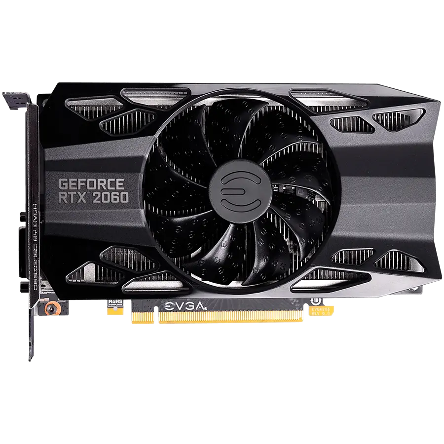 EVGA GeForce RTX 2060 SC GAMING, 6GB GDDR6, 192 bit, 336 GB/s, 14000 MHz Effective Mem Clock, 1710 MHz Boost Clock, 1920 CUDA Cores, PCIe 3.0, DVI-D, HDMI, DP, RAY TRACING, 500W or greater PSU, 3Y