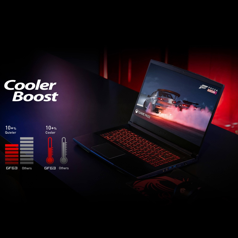 Лаптоп, MSI Thin GF63 12UC, i5-12450H (8C/12T, 12 MB, up to 4.40 GHz), 15.6" FHD (1920x1080), 144Hz, IPS-Level, RTX 3050 4GB GDDR6 (Up to 1172.5MHz), 8GB DDR4 (3200MHz), 512GB NVMe PCIe SSD, Intel Wi-Fi 6, BT5.2, 3 cell, 52.4Whr, 2 Year, Red Backlit KBD, NO OS - image 1