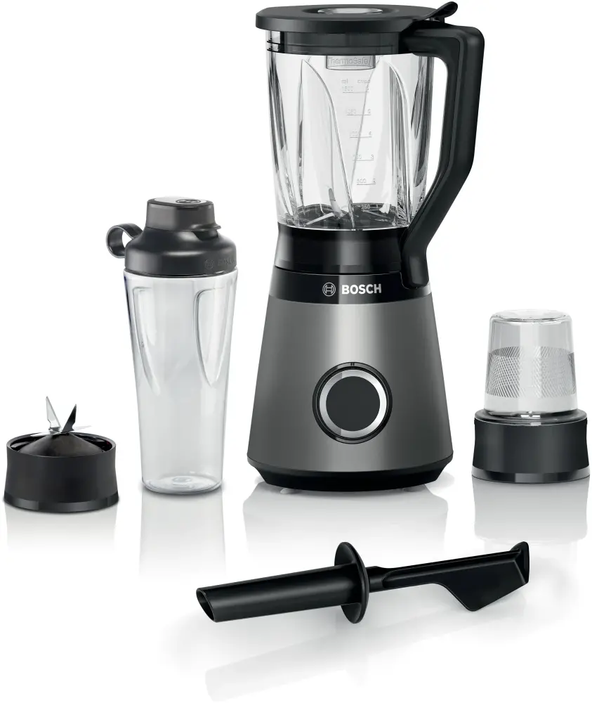 Блендер, Bosch MMB6177S Series 4, VitaPower Blender, 1200 W, Glass ThermoSafe jug 1.5 l, Tritan ToGo bottle 0.6 l, Two speed settings and pulse function, ProEdge stainless steel blades made in Solingen, Silver