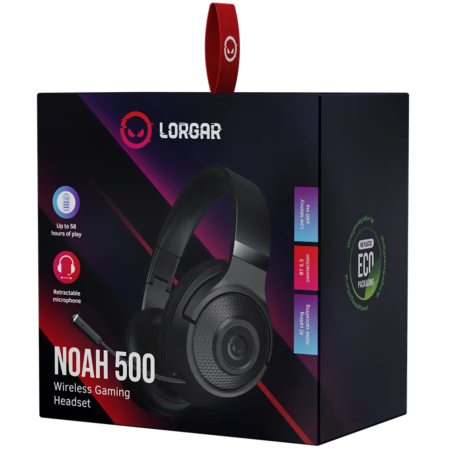 LORGAR Noah 500, Wireless Gaming headset with microphone, JL7006, BT 5.3, battery life up to 58 h (1000mAh), USB (C) charging cable (0.8m), 3.5 mm AUX cable (1.5m), size: 195*185*80mm, 0.24kg, black - image 4