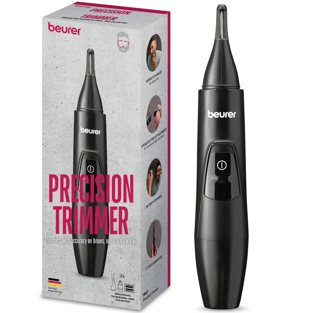 Тример, Beurer MN2X Precision trimmer, Incl. 3 attachments for trimming and shaping eyebrows, nose and ear hairs, High-quality stainless steel attachments, (IPX4), Battery-powered, Incl. protective cap, cleaning brush and storage bag - image 3