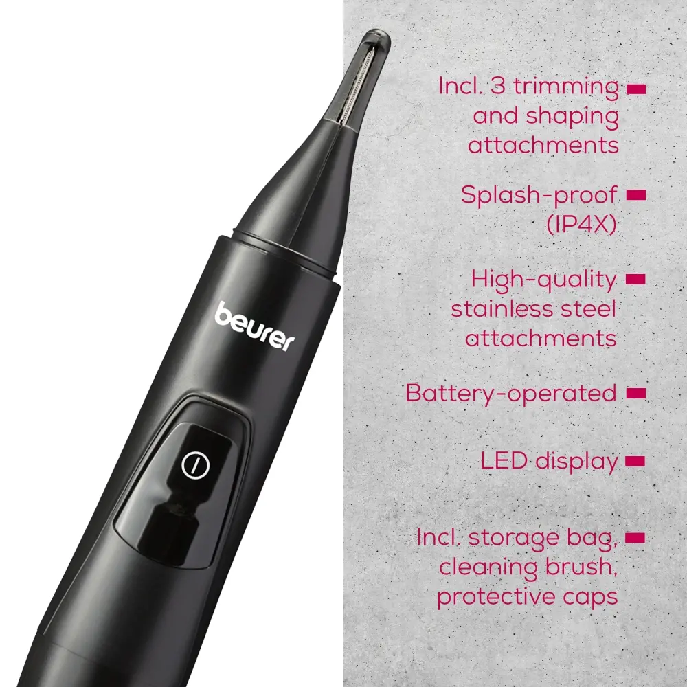 Тример, Beurer MN2X Precision trimmer, Incl. 3 attachments for trimming and shaping eyebrows, nose and ear hairs, High-quality stainless steel attachments, (IPX4), Battery-powered, Incl. protective cap, cleaning brush and storage bag - image 9