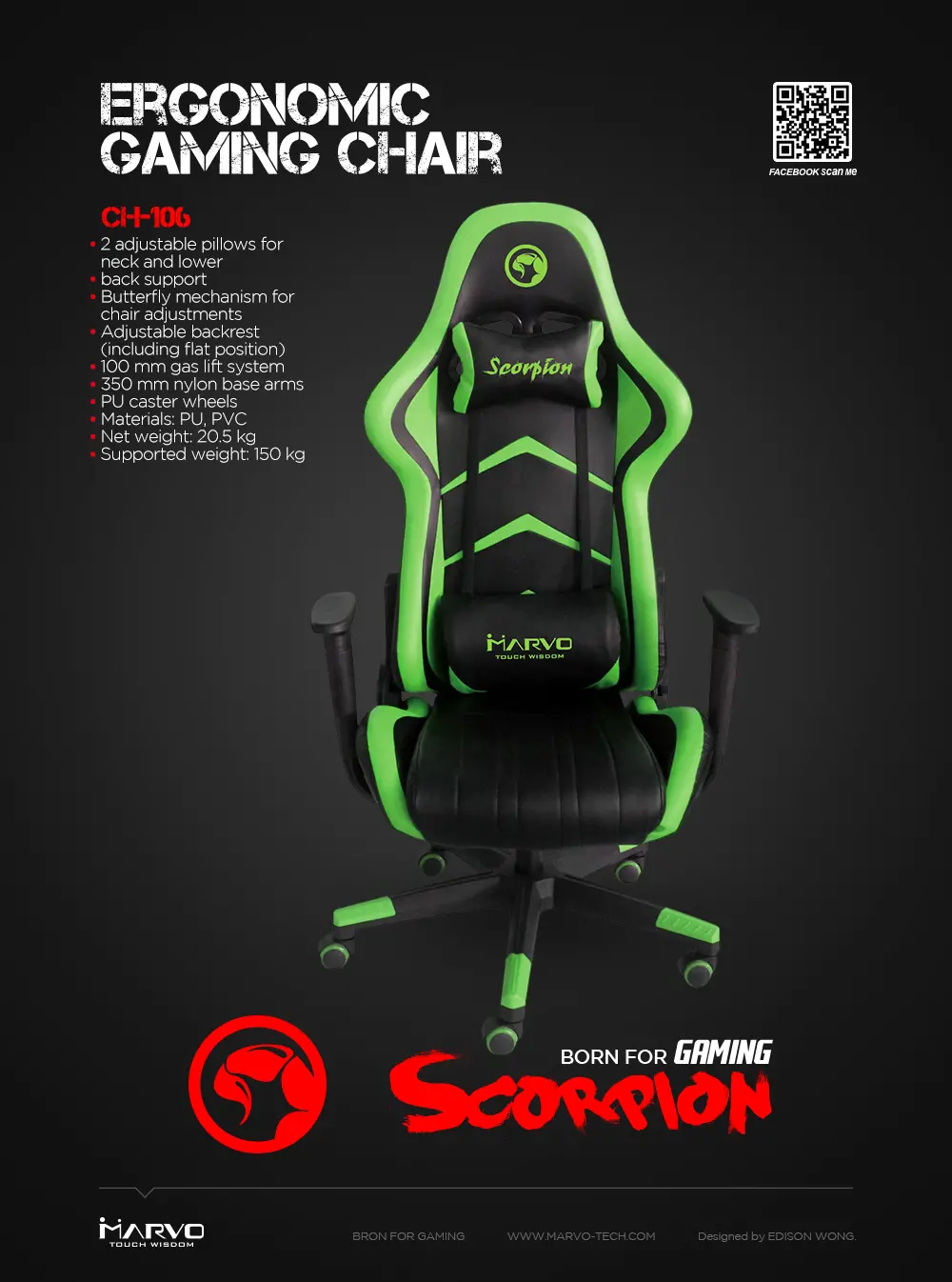 Marvo геймърски стол Gaming Chair CH-106 Black/Green - image 1