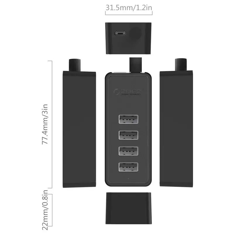 Orico хъб USB2.0 HUB 4 port - USB/Micro USB input, Black - W5P-U2-100-BK-EP - image 2