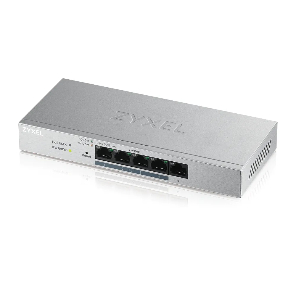 Комутатор, ZyXEL GS1200-5HPv2, 5 Port Gigabit PoE+ webmanaged Switch, 4x PoE, 60 Watt