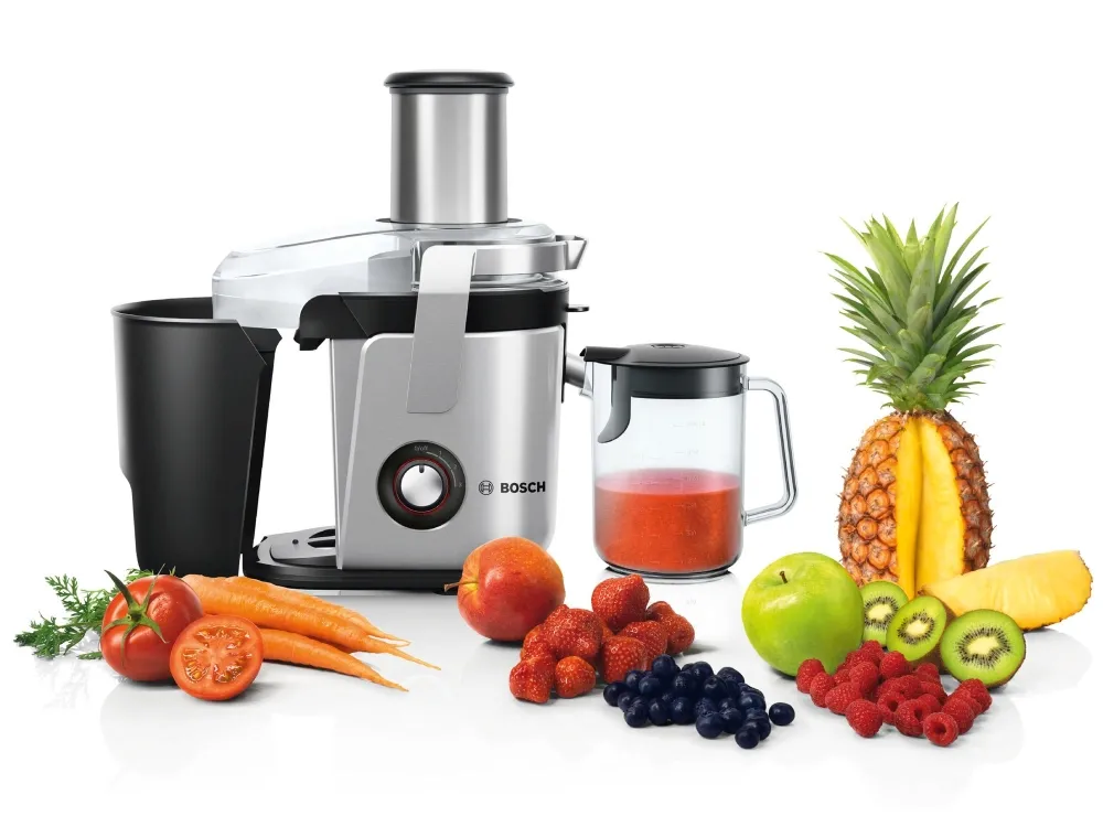 Сокоизстисквачка, Bosch MES4010, Centrifugal juicer 1200 W, 3 speeds, 3 lt pulp container, 1.5 ltr juice container & foam separator, XXL feeding tube (84 mm), ceramic knife, electropolished stainless steel sieve, die-cast aluminum body and clamps, juice outlet with drip-s - image 4