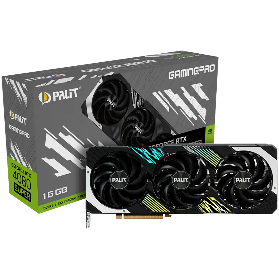 Palit RTX 4080 SUPER GamingPro, 16GB GDDR6X, 256 bit, 1x HDMI 2.1a, 3x DP 1.4a, 3 Fan, 1x 16-pin power connector, recommended PSU 850W, NED408S019T2-1032A