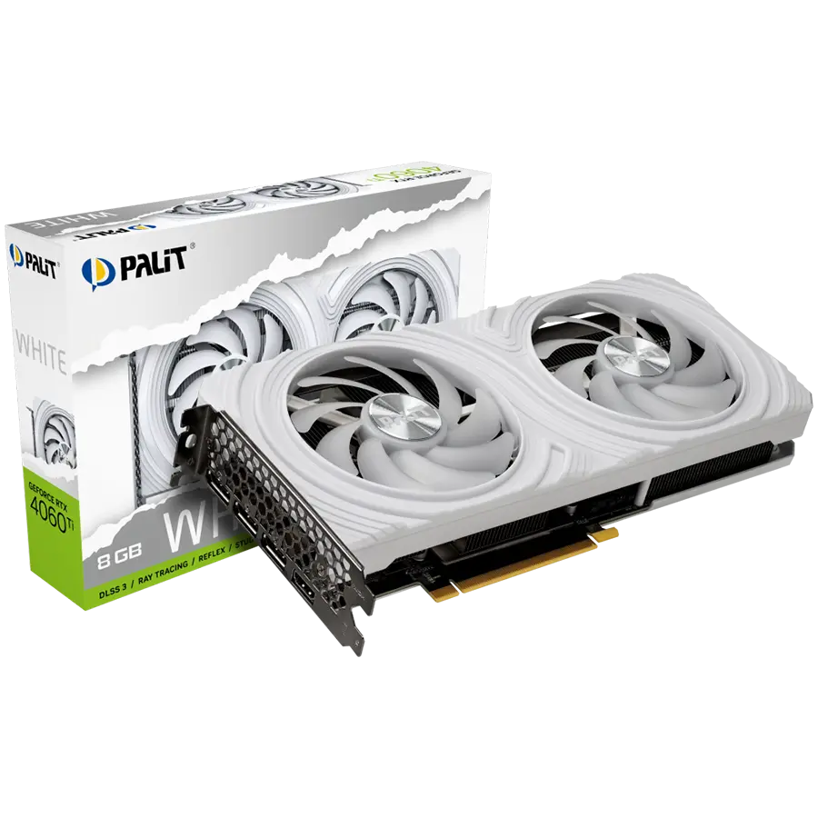 Palit RTX 4060Ti White 8GB GDDR6, 128 bits, 2310/2535 Mhz, 1x HDMI 2.1a, 3x DP 1.4a, two fan, 1x 8-pin Power connector, recommended PSU 650W, NE6406T019P1-1048L