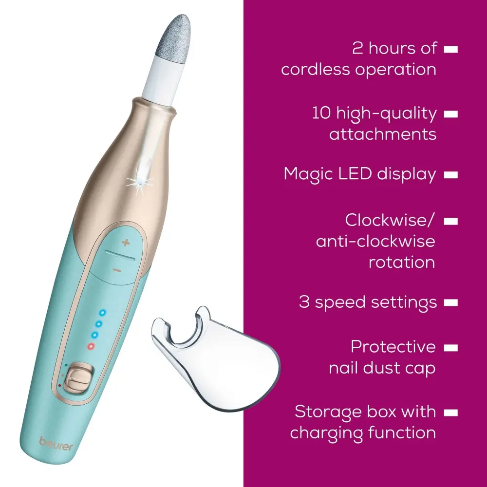 Комплект за маникюр/педикюр, Beurer MP 84 Premium Manicure/pedicure set, 10 attachments, 3 speed levels, Ergonomic design and bright LED light, Lithium ion battery, with practical charging and storage case - image 7