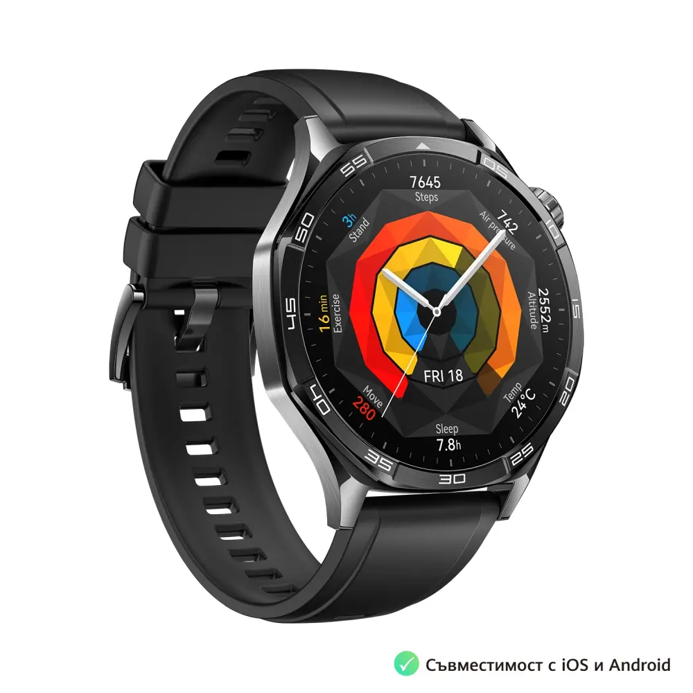 Часовник, Huawei Watch GT5 Vili-B19F, 1.43", Amoled 466x466 PPI 326, BT5.2 BLE/BR/EDR, 5ATM, 524mAh, Screenshot sharing, support message input, message notifications, Battery life up to 14 days, Compatible with iOS and Android devices, Black Fluoroelastomer - image 1