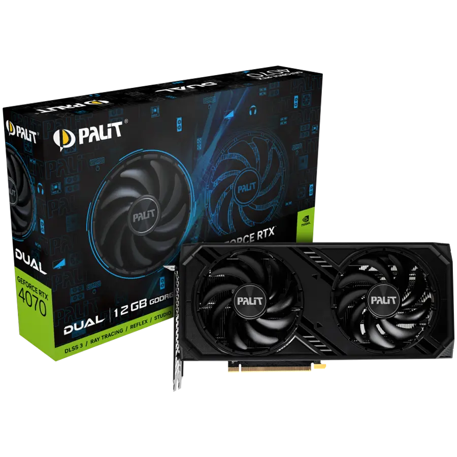 Palit RTX 4070 Dual 12GB GDDR6, 192 bit, 1x HDMI 2.1a, 3x DP 1.4a, 2 Fan, 1x 8-pin Power connector, recommended PSU 750W, NE64070019K9-1048D.