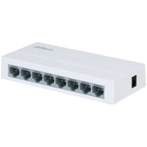 Dahua 8-port Fast ethernet 10/100, Layer 2 Switch, Switching Capacity 1.6 GB/s, MAC Table Size 1K. IEEE 802.3, IEEE 802.3u, IEEE 802.3ab, IEEE802.3x, 1.5W