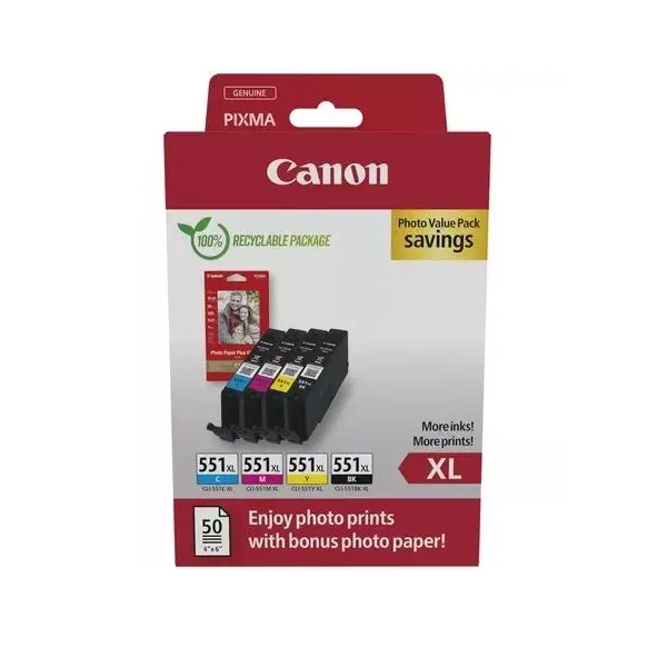 Консуматив, Canon CLI-551XL C/M/Y/BK Photo Value Pack + Canon Photo Paper Variety Pack A4 & 10 x 15cm (VP-101)