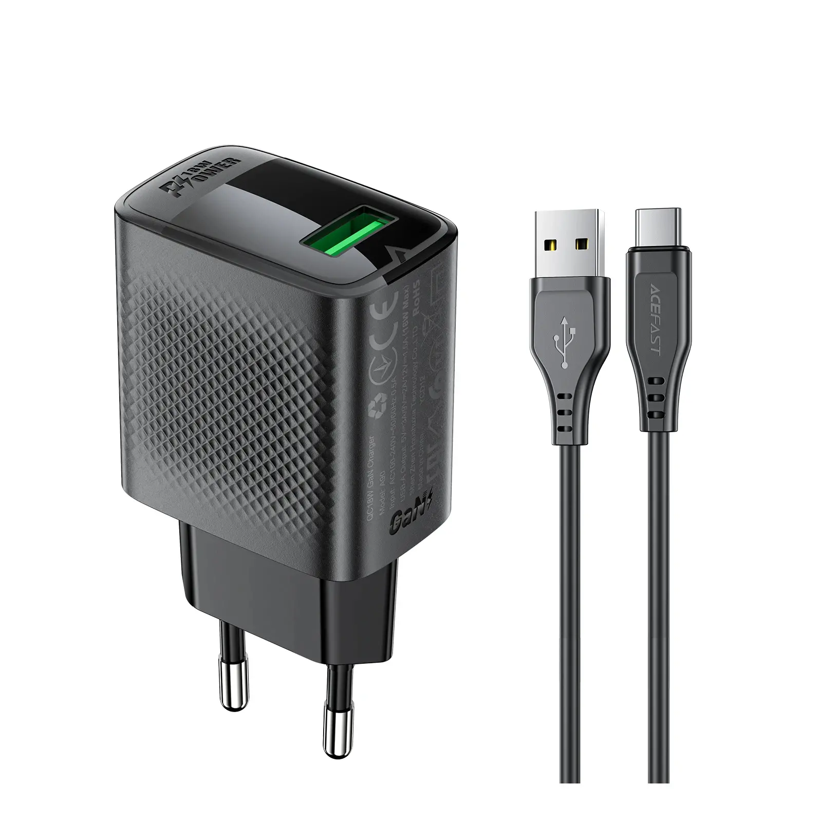 Acefast Универсално зарядно за стена Charger Wall GaN Quick Charge 18W - A90 with 1.2m cable - USB-A x 1, Black