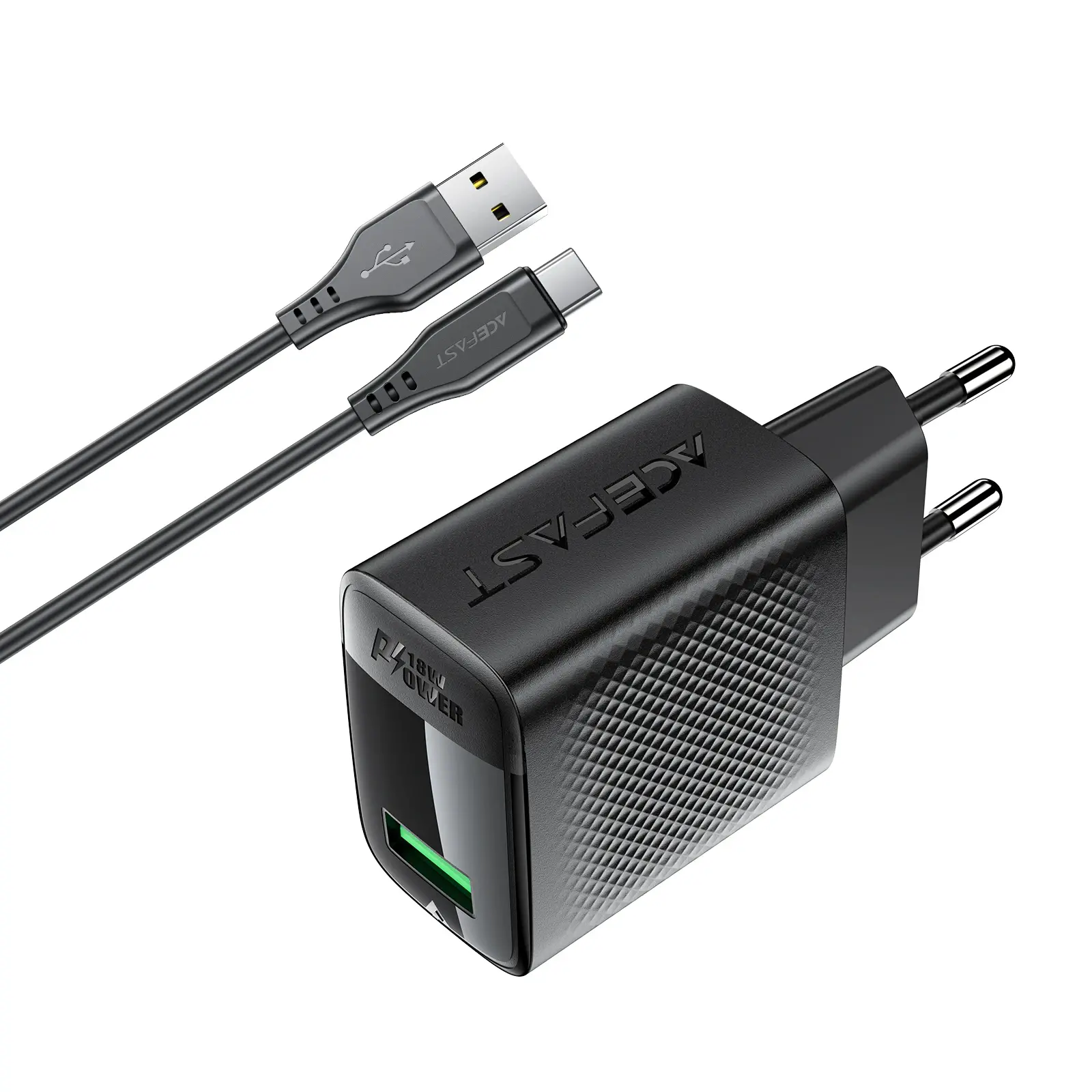 Acefast Универсално зарядно за стена Charger Wall GaN Quick Charge 18W - A90 with 1.2m cable - USB-A x 1, Black - image 4