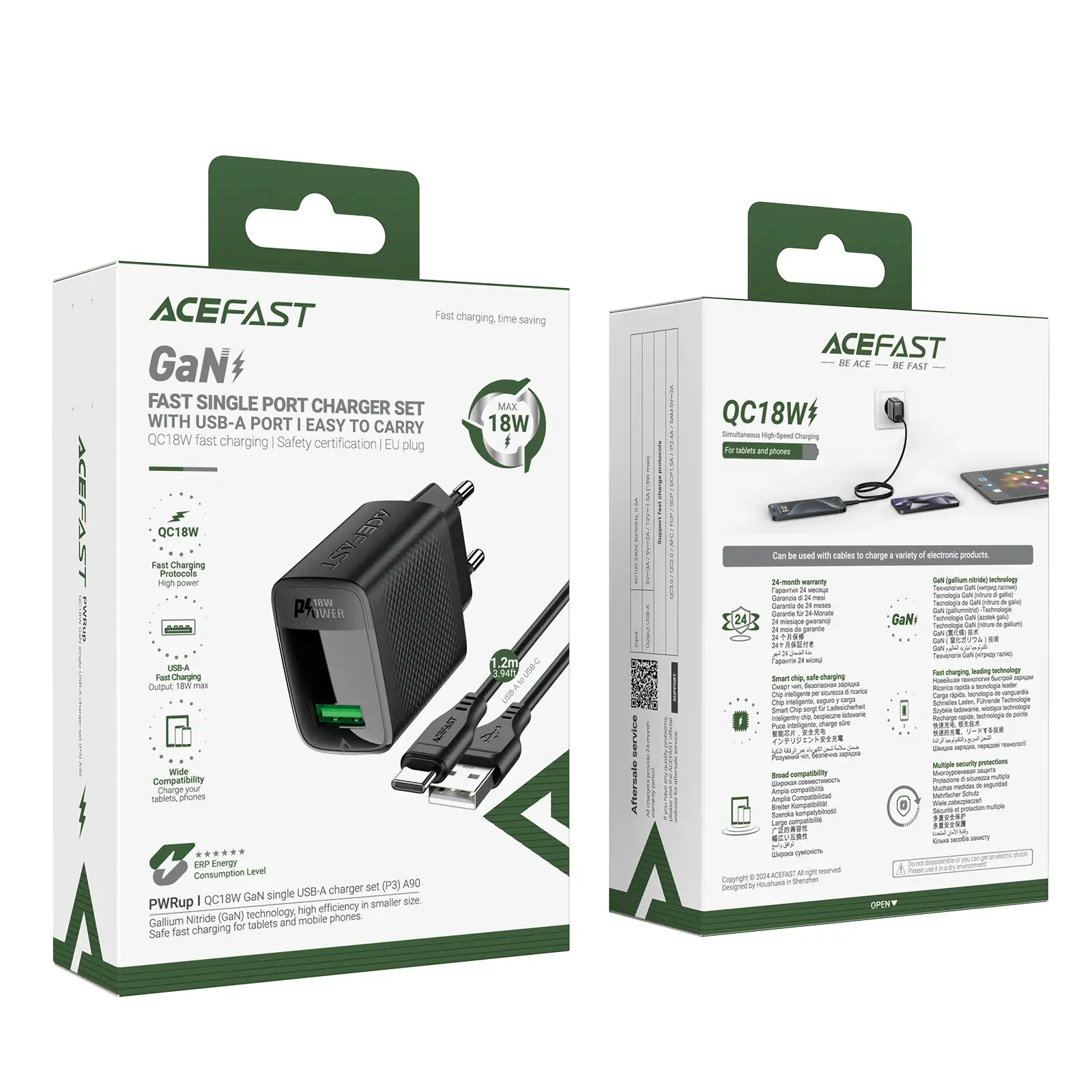 Acefast Универсално зарядно за стена Charger Wall GaN Quick Charge 18W - A90 with 1.2m cable - USB-A x 1, Black - image 7