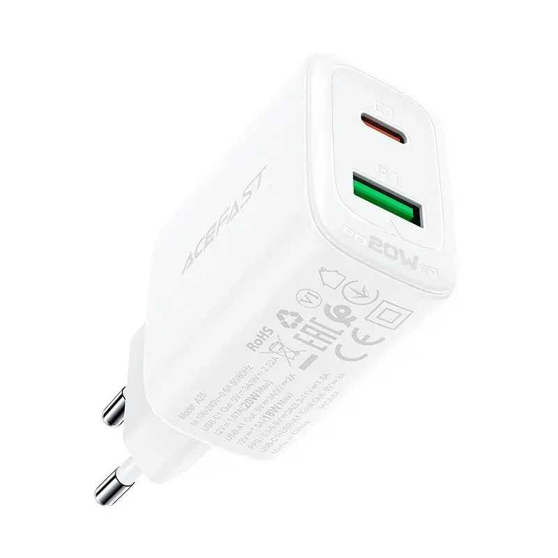 Acefast Универсално зарядно за стена Charger Wall GaN PD20W - A25 - USB-C x 1, USB-A x 1, White - image 2