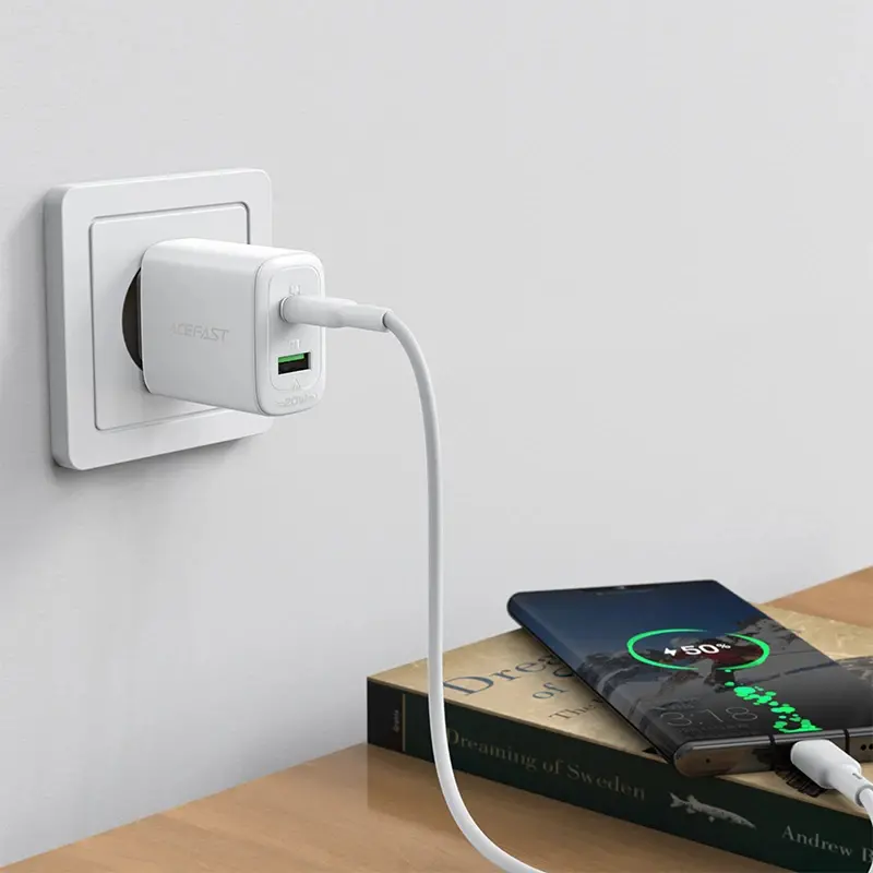 Acefast Универсално зарядно за стена Charger Wall GaN PD20W - A25 - USB-C x 1, USB-A x 1, White - image 6