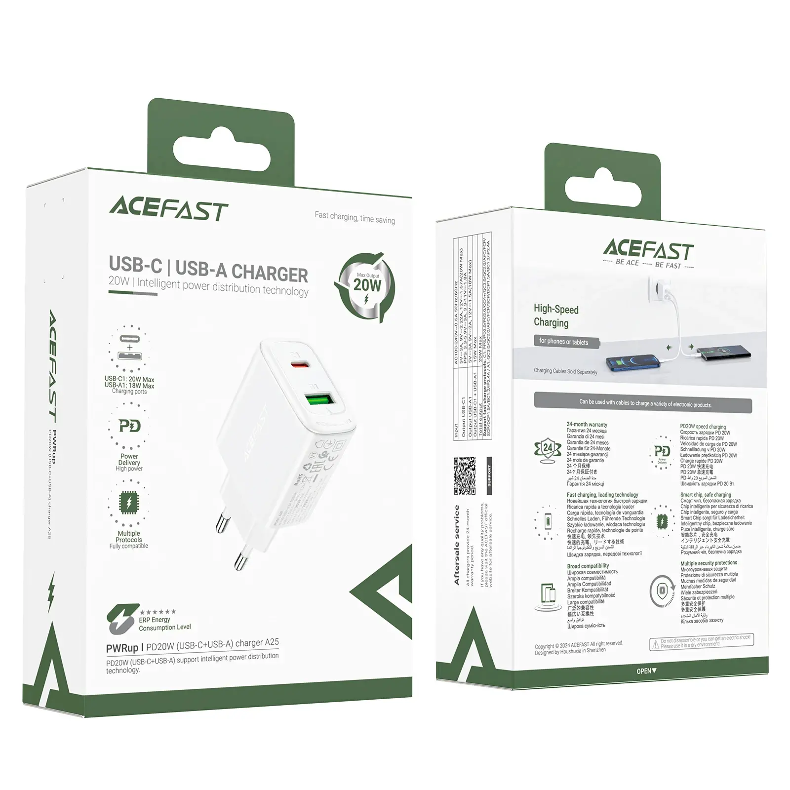 Acefast Универсално зарядно за стена Charger Wall GaN PD20W - A25 - USB-C x 1, USB-A x 1, White - image 7