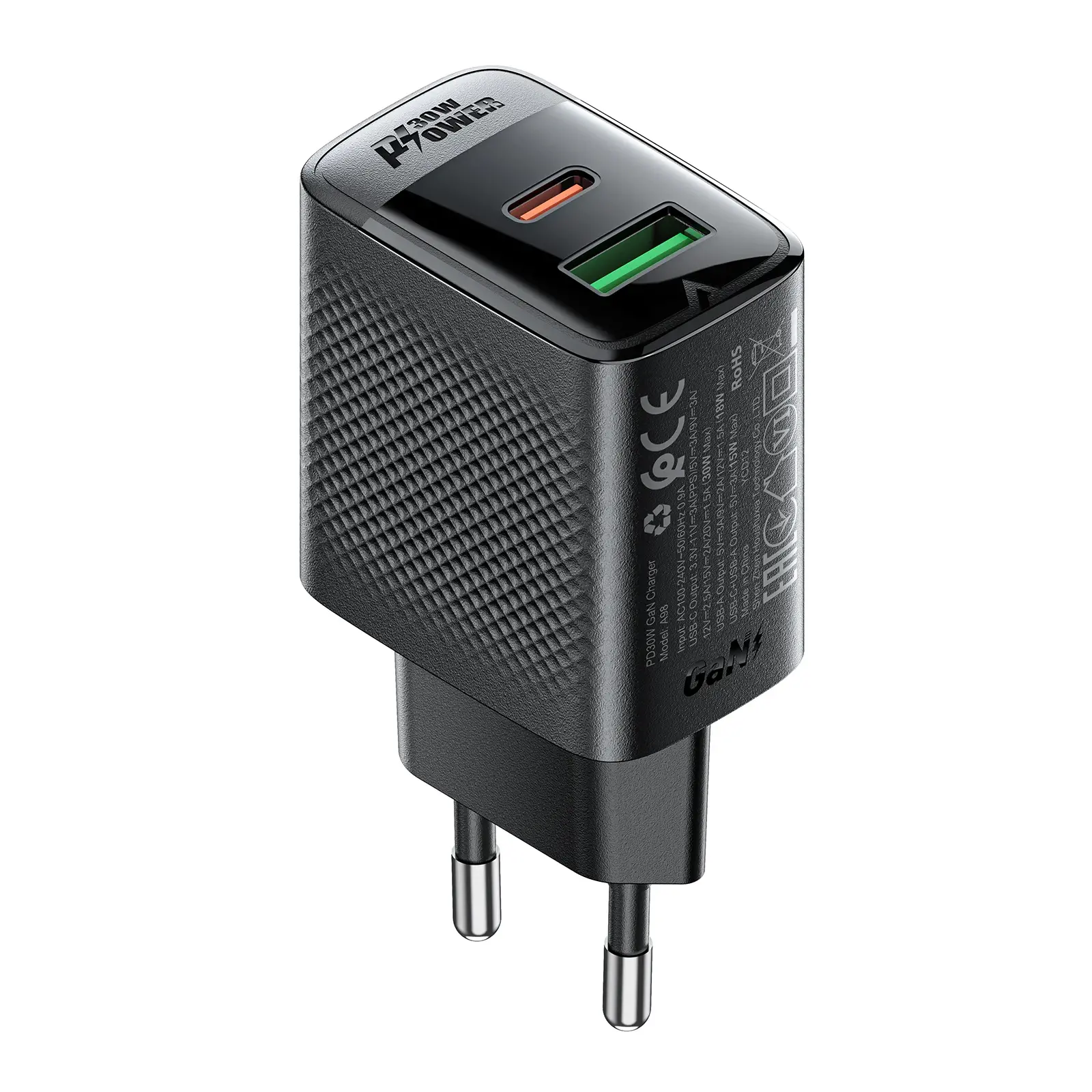 Acefast Универсално зарядно за стена Charger Wall GaN PD 30W - A98 - USB-C x 1, USB-A x 1, Black