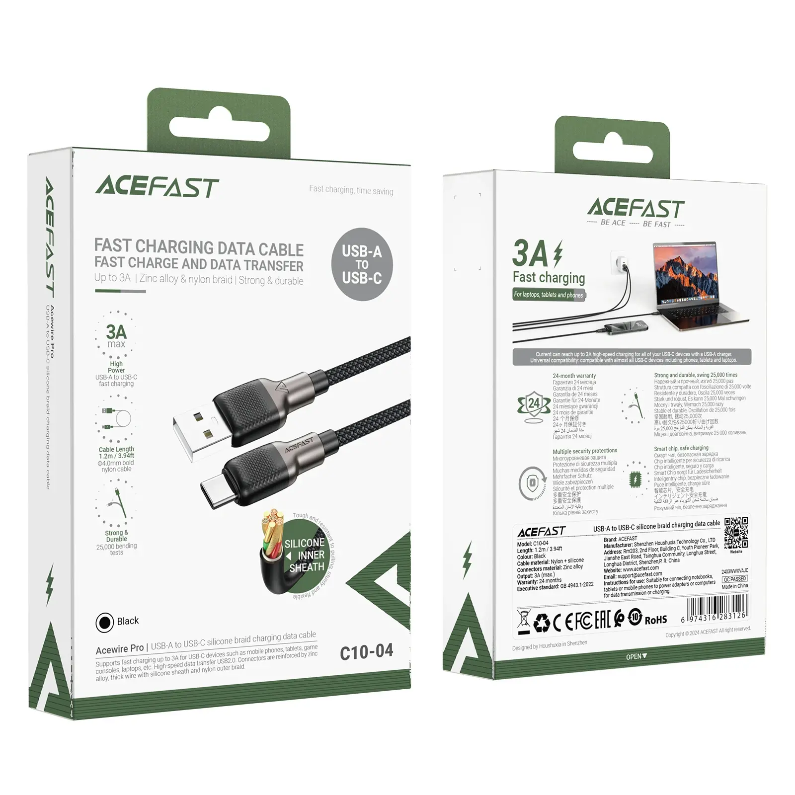 Acefast Кабел USB-A to USB-C Cable 3A 1.2m - C10-04 - Black - image 6