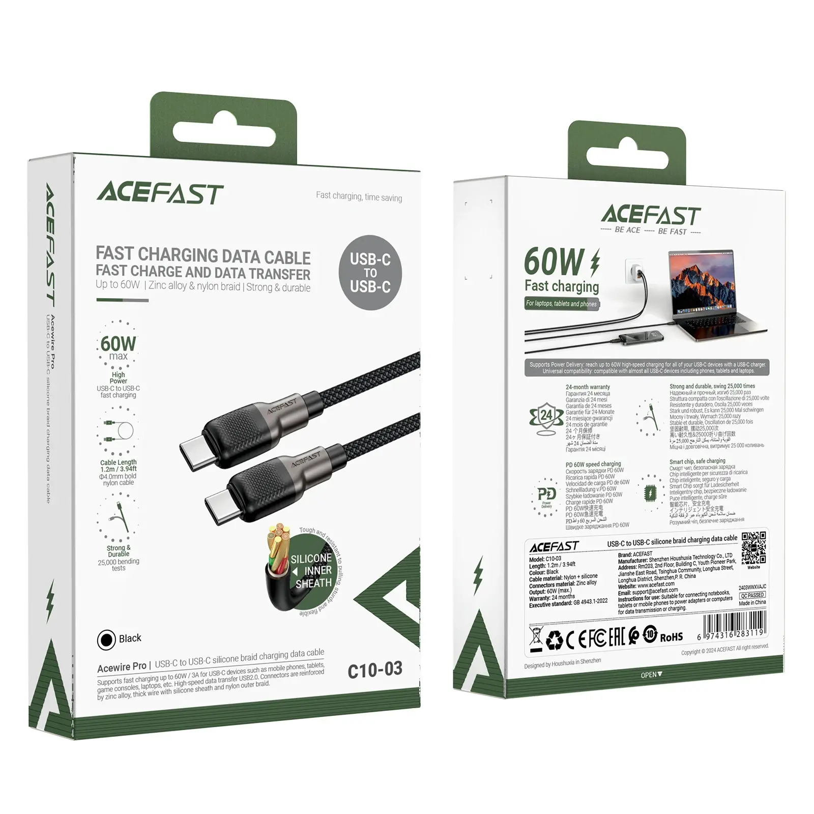 Acefast Кабел USB-C to USB-C Cable 60W Silicone braid 1.2m - C10-03 - Black - image 6