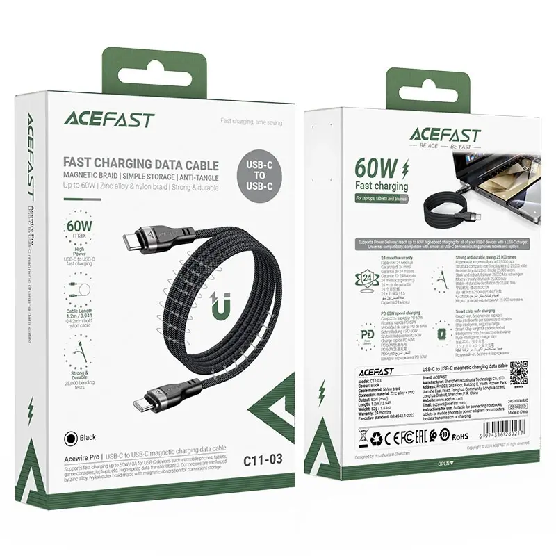 Acefast Кабел USB-C to USB-C Cable 60W MAGNETIC 1.2m - C11-03 - Black - image 5