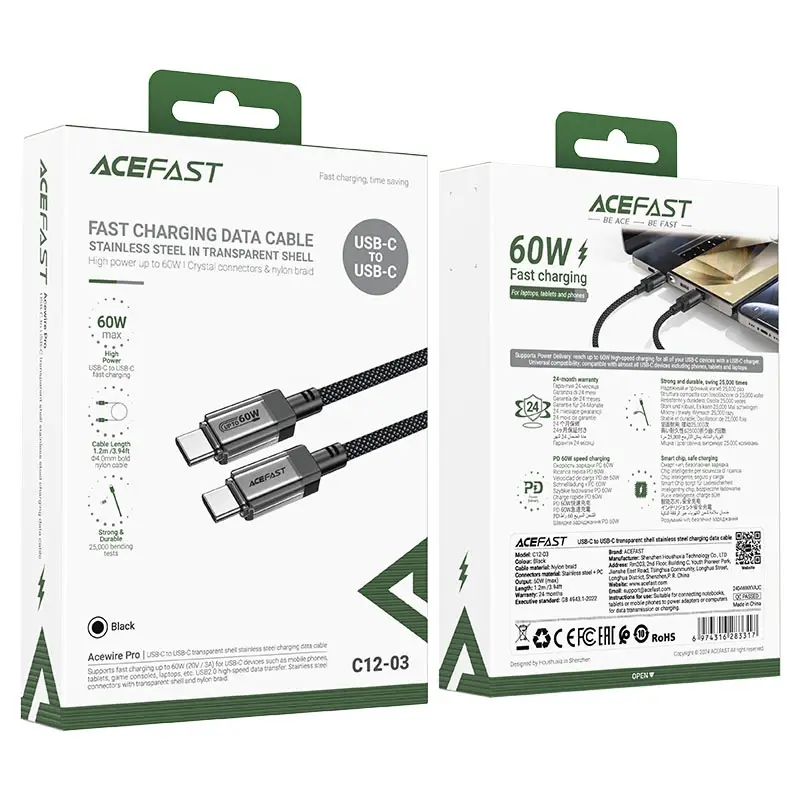 Acefast Кабел USB-C to USB-C Cable 60W Stainless steel in transparent shell 1.2m - C12-03 - Black - image 5