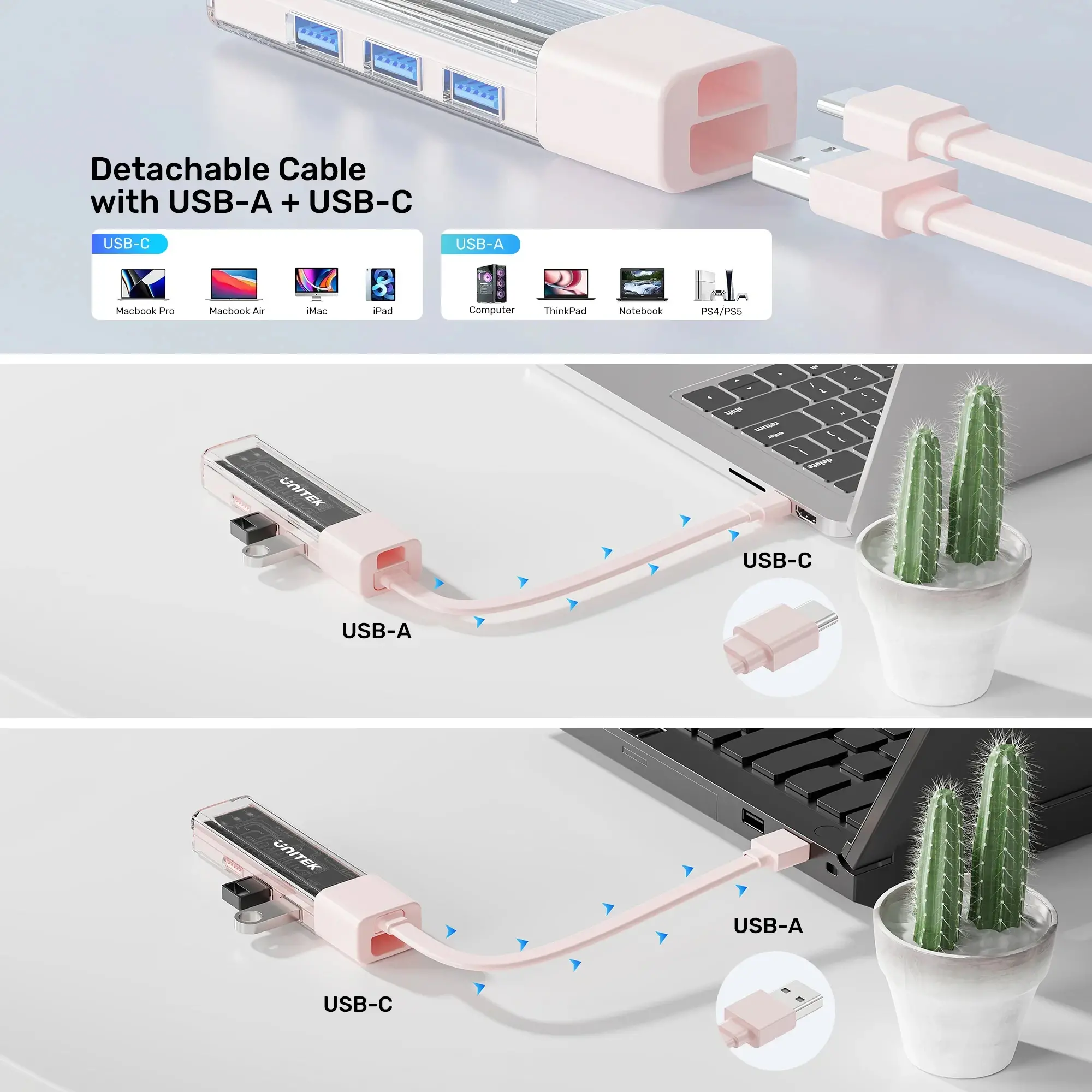 Unitek хъб USB-C/USB-A 3.0 HUB 4 port, Bi-Directional, Detachable Cable, White - H1319AWH01 - image 7