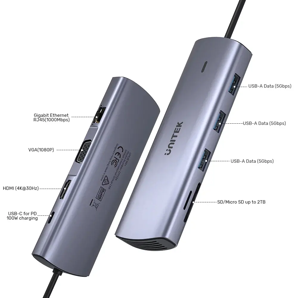 Unitek докинг станция Type-C Docking Station PD3.0 100W - HDMI, USB-C x 1, USB3.0 x 3, LAN, SD, VGA - D1113A - image 4