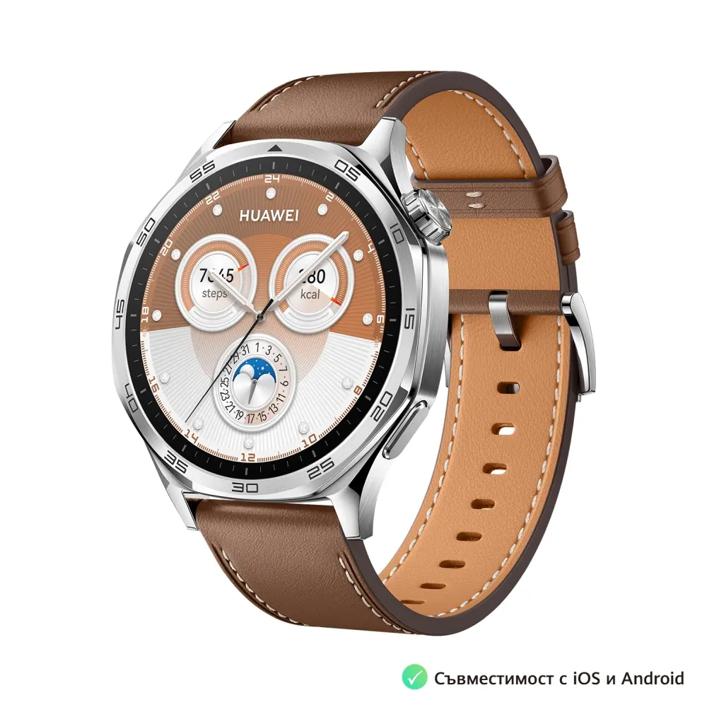 Часовник, Huawei Watch GT5 Vili-B19L, 1.43", Amoled 466x466 PPI 326, BT5.2 BLE/BR/EDR, 5ATM, 524mAh, Screenshot sharing, support message input, message notifications, Battery life up to 14 days, Compatible with iOS and Android devices, Brown Leather