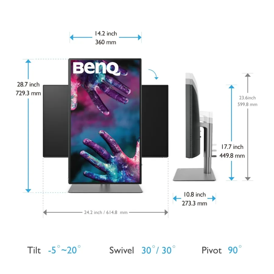 Монитор, BenQ PD2725U 27" IPS LED 5ms 3840x2160 4K UHD, DesignVue Thunderbolt Mon, AQCOL., 100% sRGB, HDR400, B.I., LBL,KVM Sw, ICCsync, CAD/CAM, DualView, Contr.1200:1, 400 cd/m2, 2xHDMI, DP, Thb 3(PD65W, DP alt), USB3.1 Hub, Sp.2x2.5W, HAdj., Swivel, Tilt, Gray - image 7